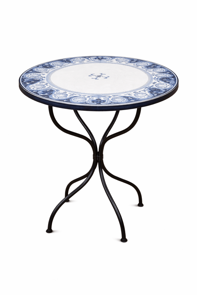 Preview: Table ronde en pierre de lave avec plateau en majolique peinte à la main – résistante au gel et aux intempéries